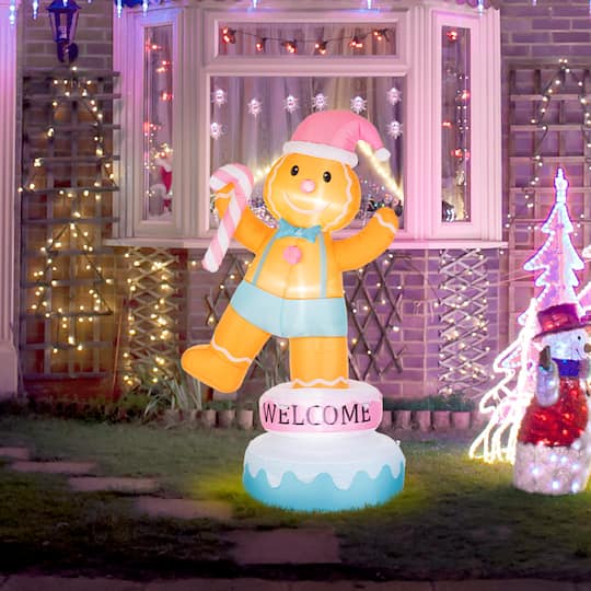Glitzhome® 6FT Lighted Macaron Inflatable Rotating Gingerbread Man Decor